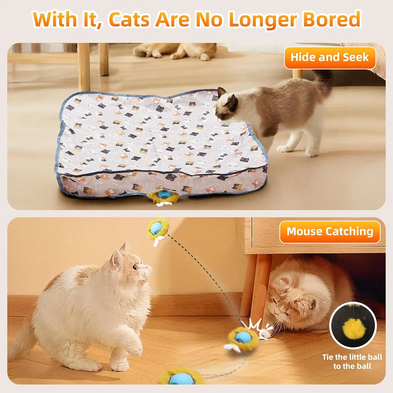 Interactive Cat Toy Ball, Automatic Moving Cat Ball in Pouch,Interactive Cat Toys for Indoor Cats,Motion Activate Cat Toy Hide and Seek Mouse Catching Game , Play Mat for Cats(Square-Brown)