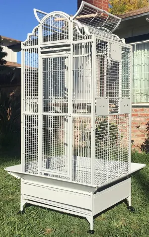 Large Elegance and Durable Wrought Iron Open Play Top Stand Bird Parrot Rolling Cage, Include Metal Seed Guard Solid Metal Feeder Nest Door (30.5 x 29.5 x 63 H, White Vein)
