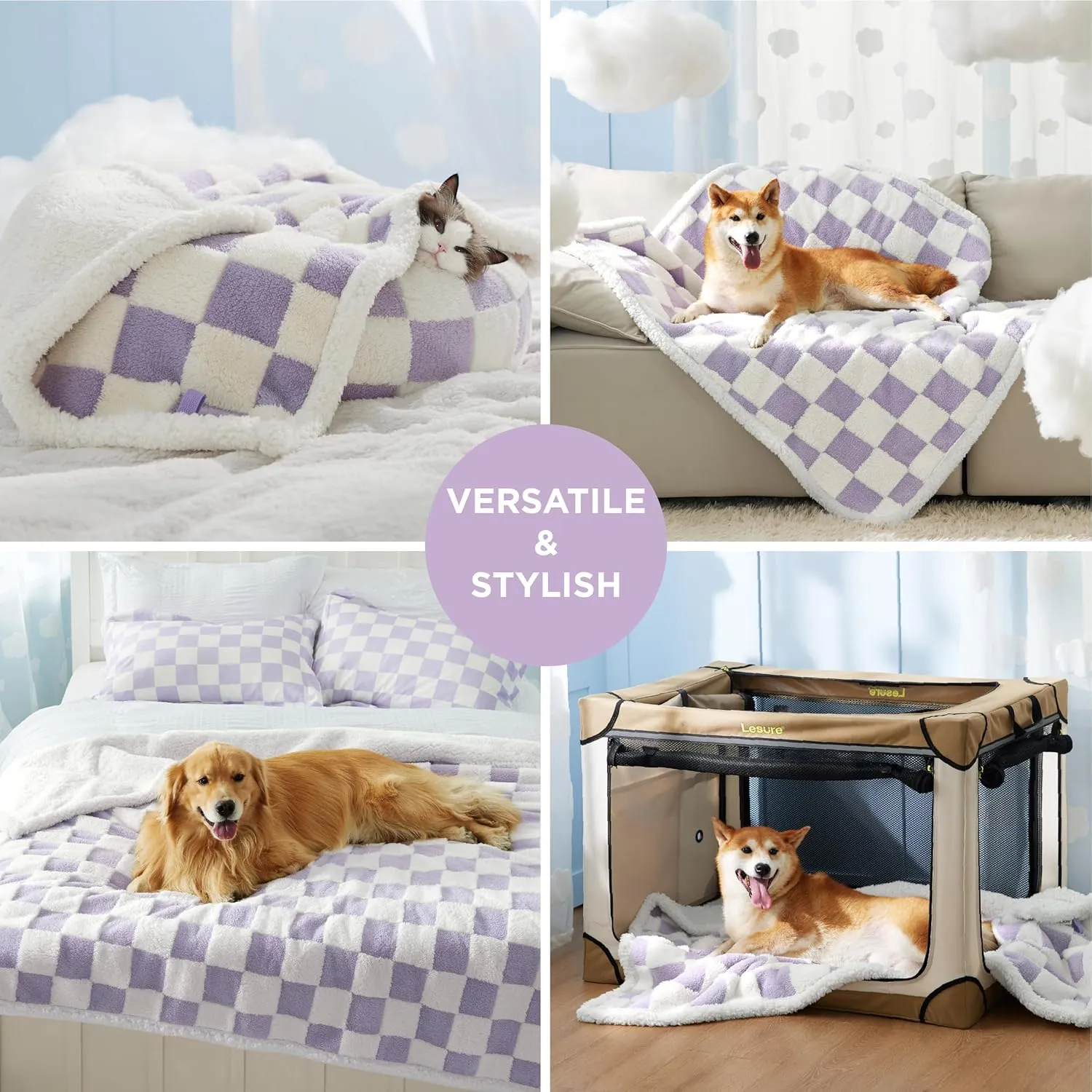 Lesure Waterproof Dog Blanket for Medium Dogs - Washable Double Sided Dog Blankets with Warm Jacquard Shag and Soft Sherpa Fleece, Pet Cat Blanket for Couch Protection, 3D Textured Checks, Purple