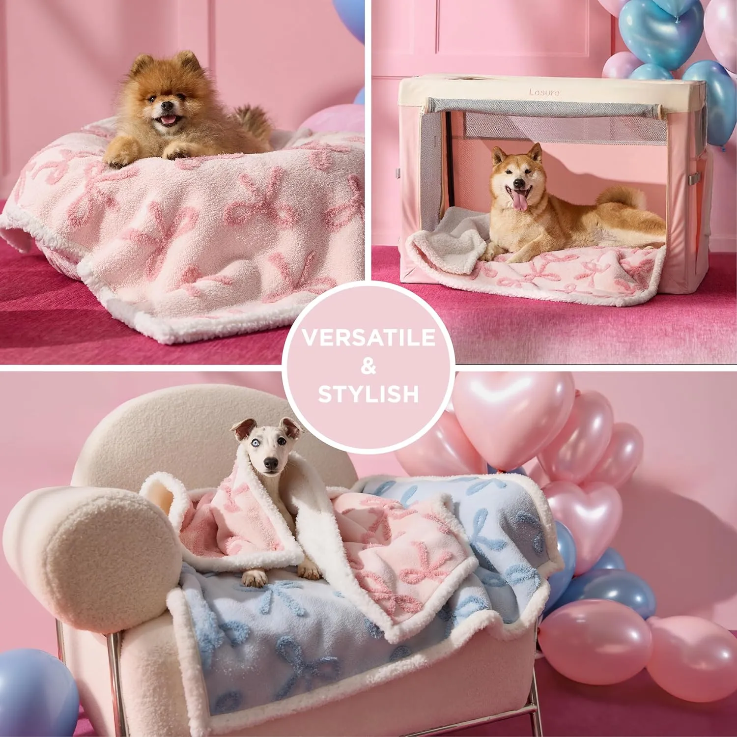 Lesure Waterproof Puppy Blanket for Medium Dogs - Washable Double Sided Dog Blankets with Warm Jacquard Shag and Soft Sherpa Fleece, Pet Cat Blanket for Couch Protection, Bow DesignPink Taffy