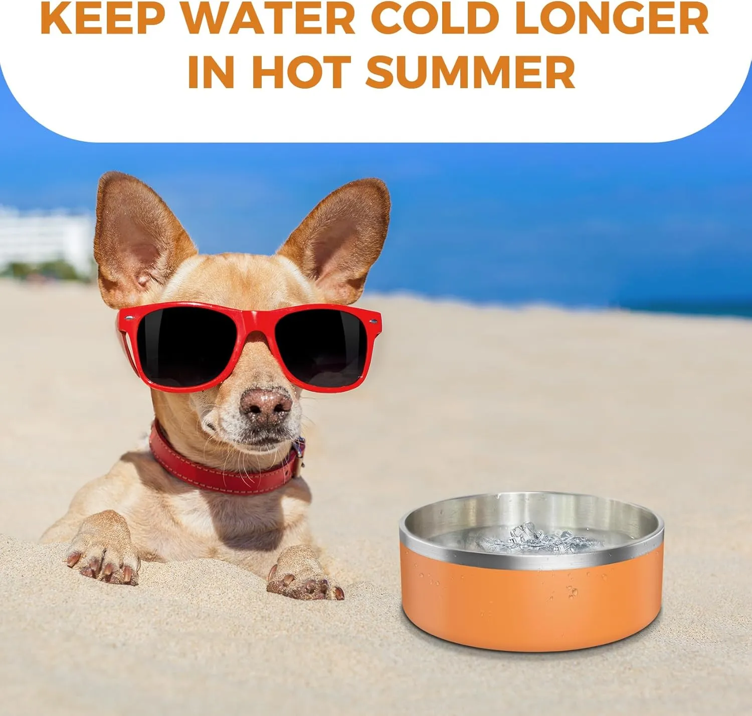 LIHONG Stainless Steel Dog Bowls for Large Dogs,Dog Food Water Bowls with Non Slip Rubber Bottom,Pet Feeding Bowl,Double Wall Insulated,Rustproof(64oz,Orange)