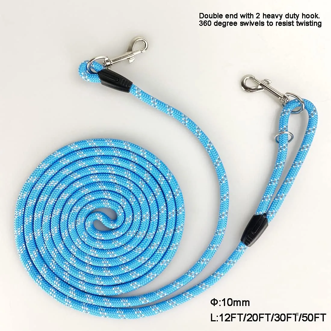 Long Rope Dog Leash for Dog Training 12FT 20FT 30FT 50FT, Reflective Threads Dog Cat Leashes Tie-Out Check Cord Recall Training Agility Lead for Large Medium Small Dogs (Blue, 10mm*30ft)