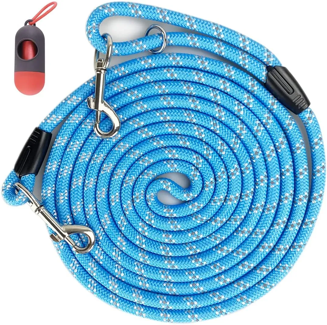Long Rope Dog Leash for Dog Training 12FT 20FT 30FT 50FT, Reflective Threads Dog Cat Leashes Tie-Out Check Cord Recall Training Agility Lead for Large Medium Small Dogs (Blue, 10mm*30ft)