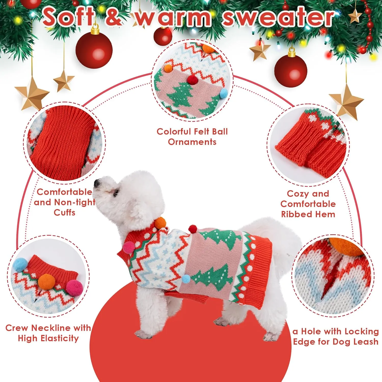 LUBOT New Ugly Christmas Sweaters for Puppy Cute Funny Wintertime and Holiday Parties Knitted Pullover Sweater Small Dog Colorful Ball Small