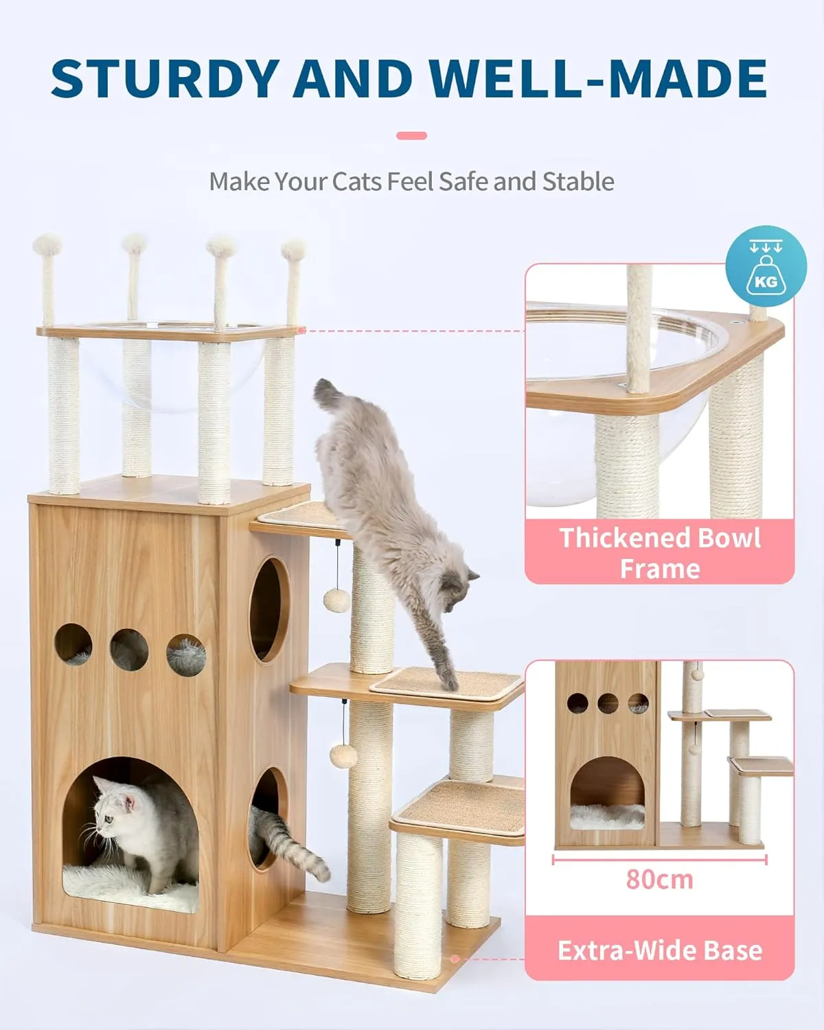Made4Pets Modern Cat Tree for Large Cat, Wood Cat Tower Heavy Duty with Scratch Post for Indoor Big Cats, 51" Extra Tall Cat Condo Sturdy Frisco Castle with Clear Bowl for Kittens Maine Coon 20Lbs