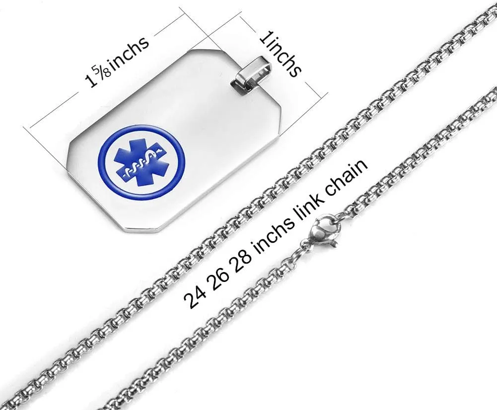 Medical Alert Necklace Stainless Steel Emergency ID Dog Tag Pendant for Men Women 24-28 Inches (Free Engraving)