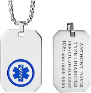 Medical Alert Necklace Stainless Steel Emergency ID Dog Tag Pendant for Men Women 24-28 Inches (Free Engraving)