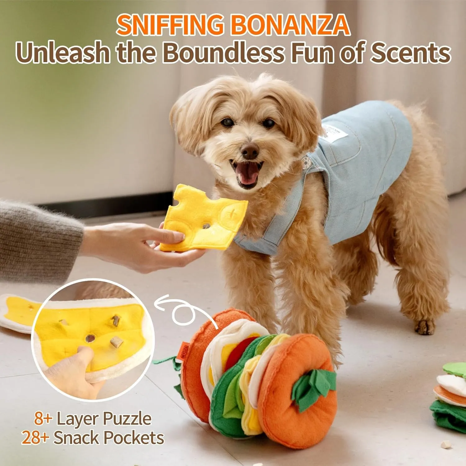 MEWOOFUN Snuffle Toy Ball for Smart Dogs - Interactive & Mentally Stimulating - Boredom busting Toys for Dogs - Hamburger Themed
