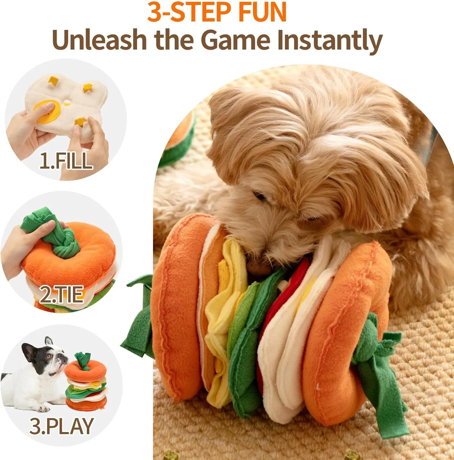MEWOOFUN Snuffle Toy Ball for Smart Dogs - Interactive & Mentally Stimulating - Boredom busting Toys for Dogs - Hamburger Themed