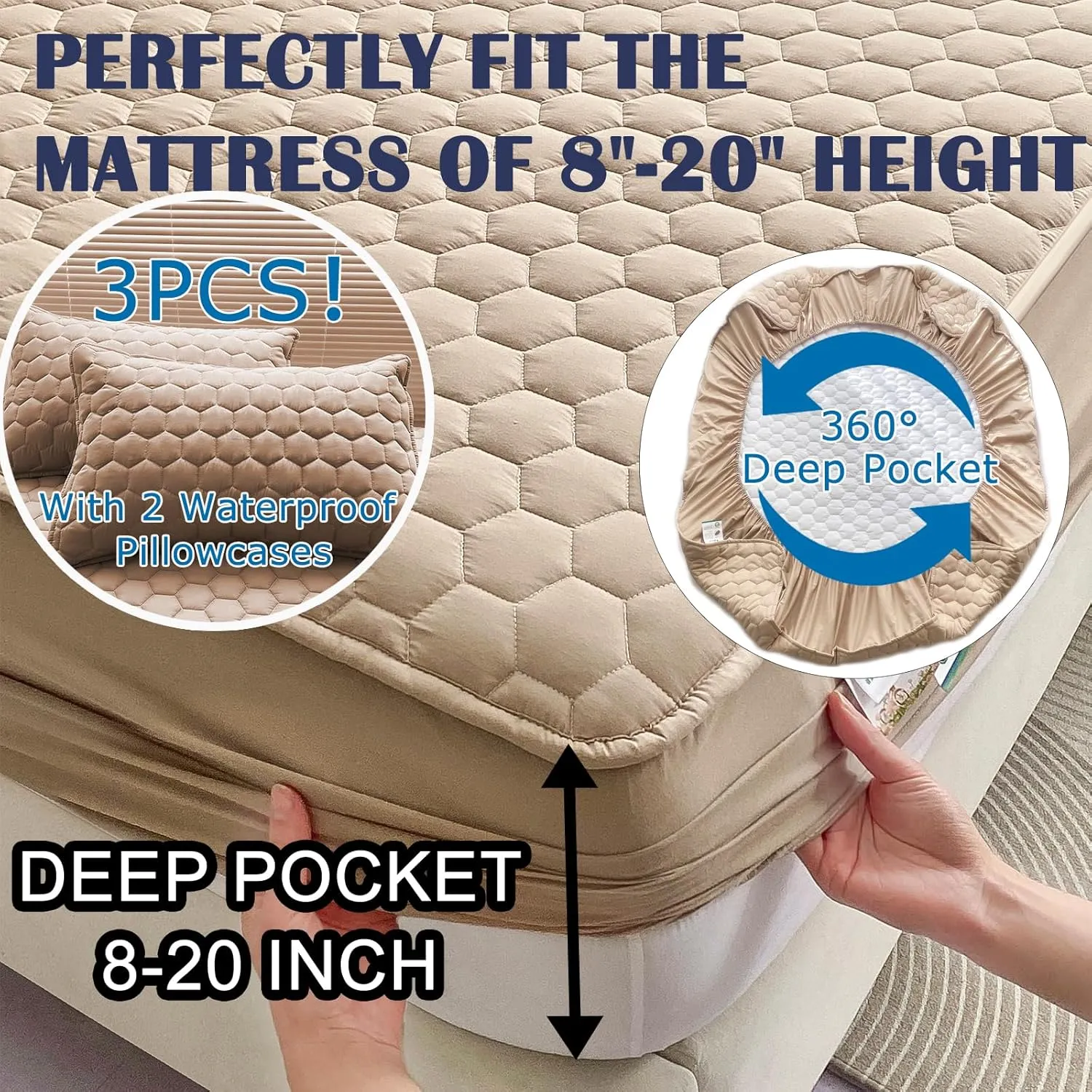 MorroMorn 100% Waterproof Mattress Protector King - Thick Padded Mattress Topper, Cotton Quilted Mattress Pad, 8"-20" Deep Pocket Bed Cover & 2 Pillowcases Bedding Essentials (Khaki)