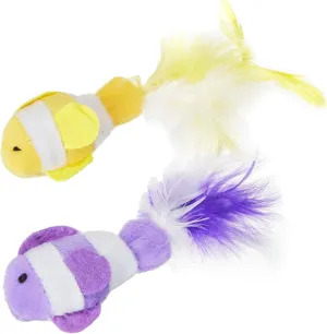Multipet 4.5 Inch Catnip Clown Fish with Feather Tails, Colors Vary (Two Fish)