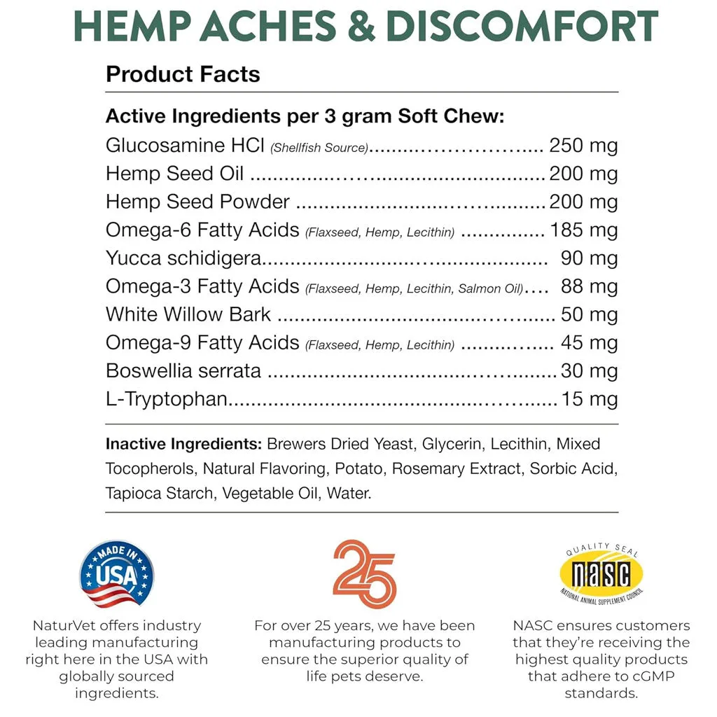 NaturVet Hemp Aches & Discomfort Soft Chews Plus Hemp Seed for Dogs, 60 count