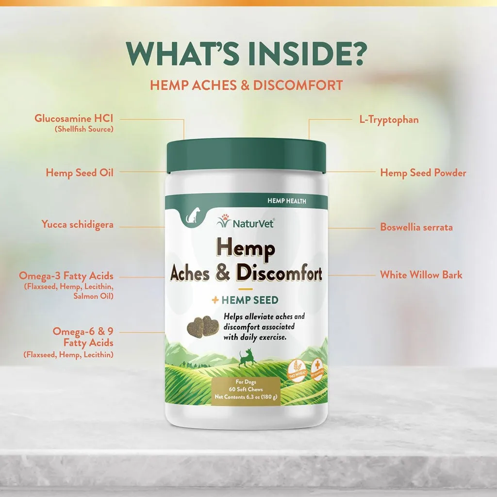 NaturVet Hemp Aches & Discomfort Soft Chews Plus Hemp Seed for Dogs, 60 count