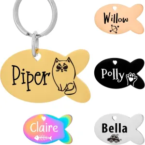 Personalized Pattern Cat and Dog ID Tags,Lovely pet Dog Tags Engraved,Customize Tags for Small Pets and Large Dogs.9 Shapes of Double-Sided Laser Engraved Stainless Steel Dog Tags (Fish)