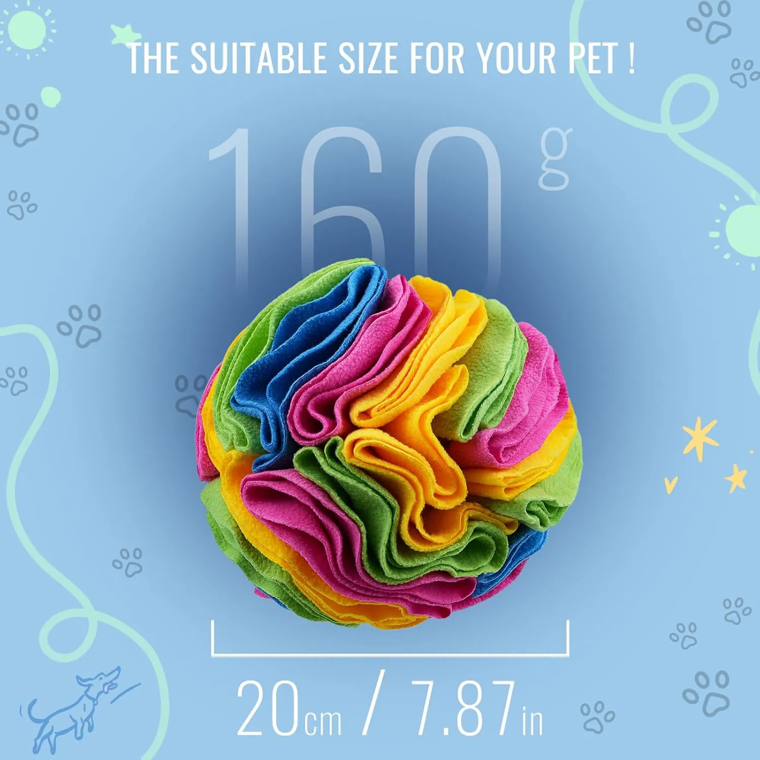 Pet Snuffle Ball, Puzzle Sniffing Interactive Dog Toy for Blind Dogs Training, Stress Relief, Dog Enrichment, Treat Ball, Machine Washable (20cm, New Rainbow Color)