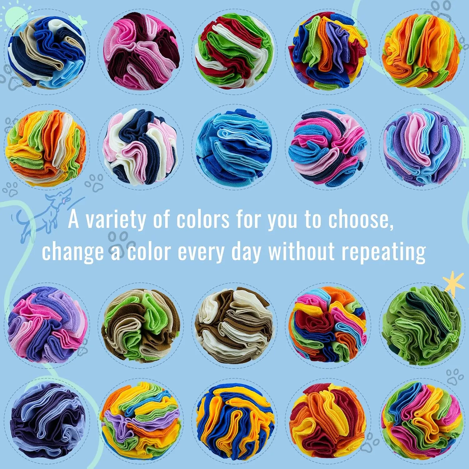 Pet Snuffle Ball, Puzzle Sniffing Interactive Dog Toy for Blind Dogs Training, Stress Relief, Dog Enrichment, Treat Ball, Machine Washable (20cm, New Rainbow Color)