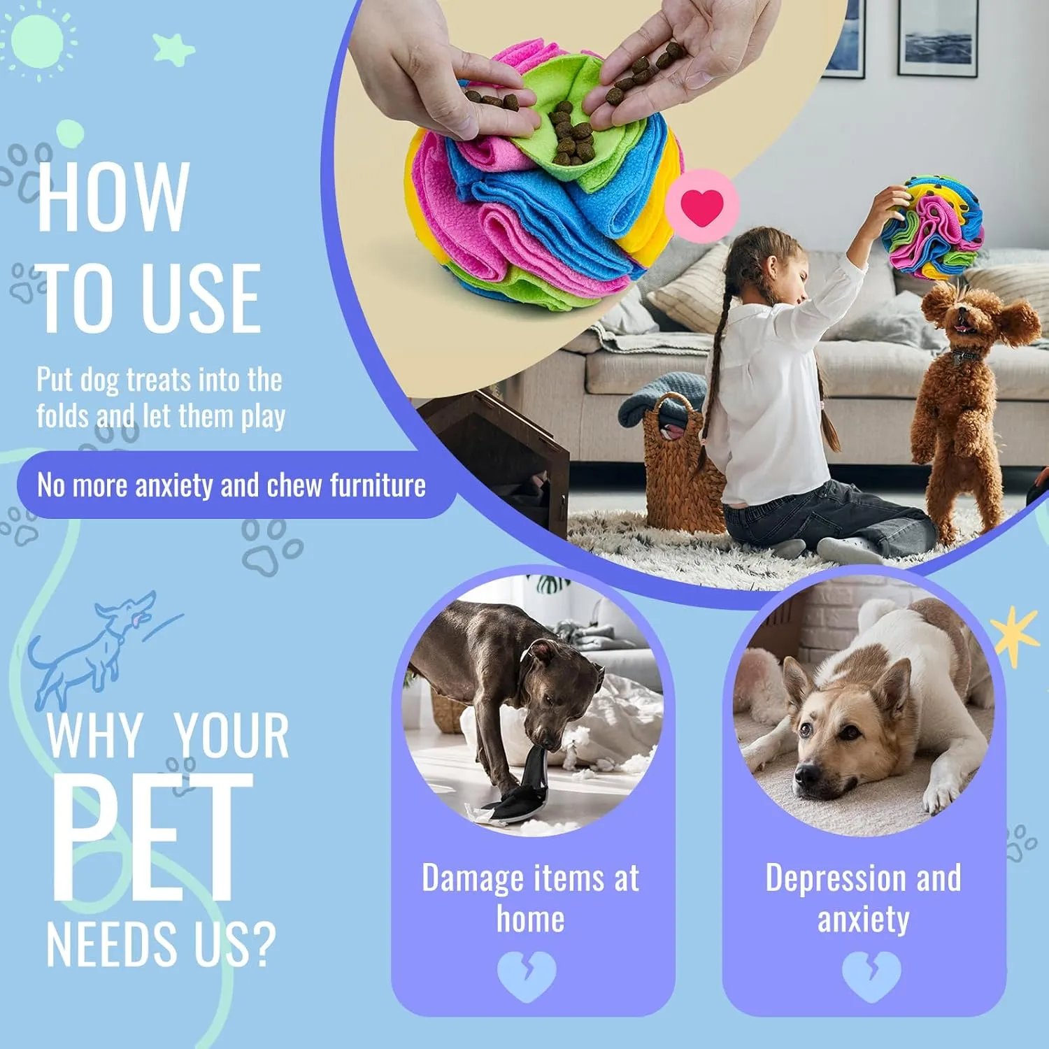 Pet Snuffle Ball, Puzzle Sniffing Interactive Dog Toy for Blind Dogs Training, Stress Relief, Dog Enrichment, Treat Ball, Machine Washable (20cm, New Rainbow Color)