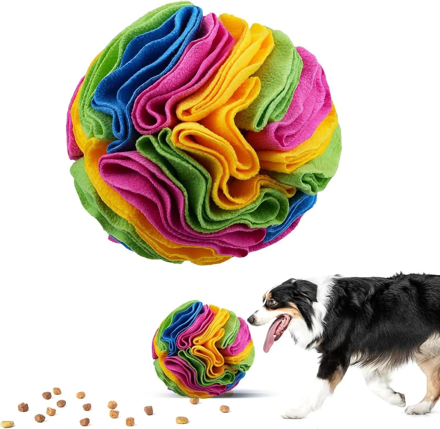 Pet Snuffle Ball, Puzzle Sniffing Interactive Dog Toy for Blind Dogs Training, Stress Relief, Dog Enrichment, Treat Ball, Machine Washable (20cm, New Rainbow Color)