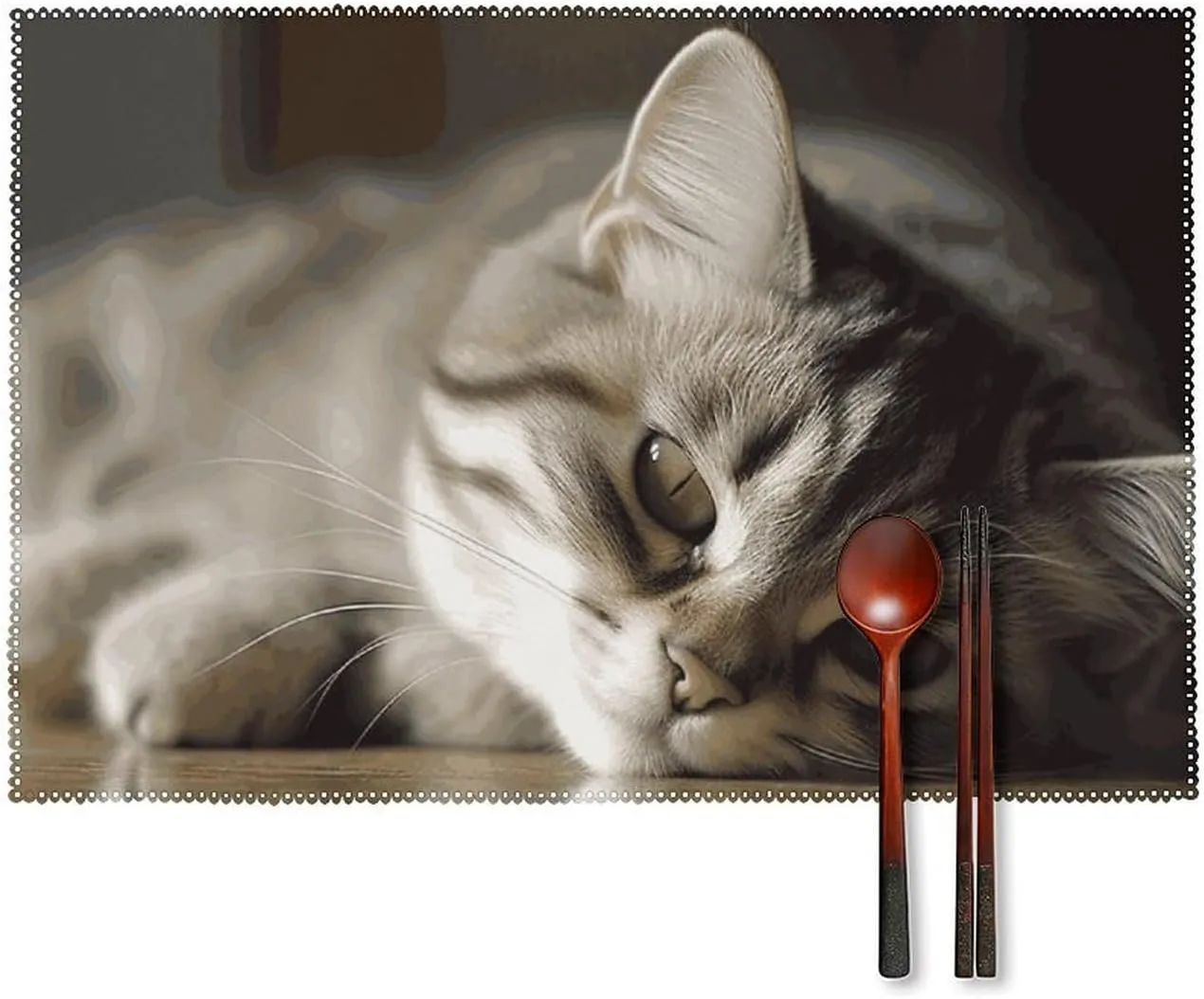 Placemats Set of 4 Anti Slip Dining Table Place Mats Sleeping Cat Heat Resistant Table Mats Washable Placemat Stain Resistant Kitchen Placemats for Party Dining Decor