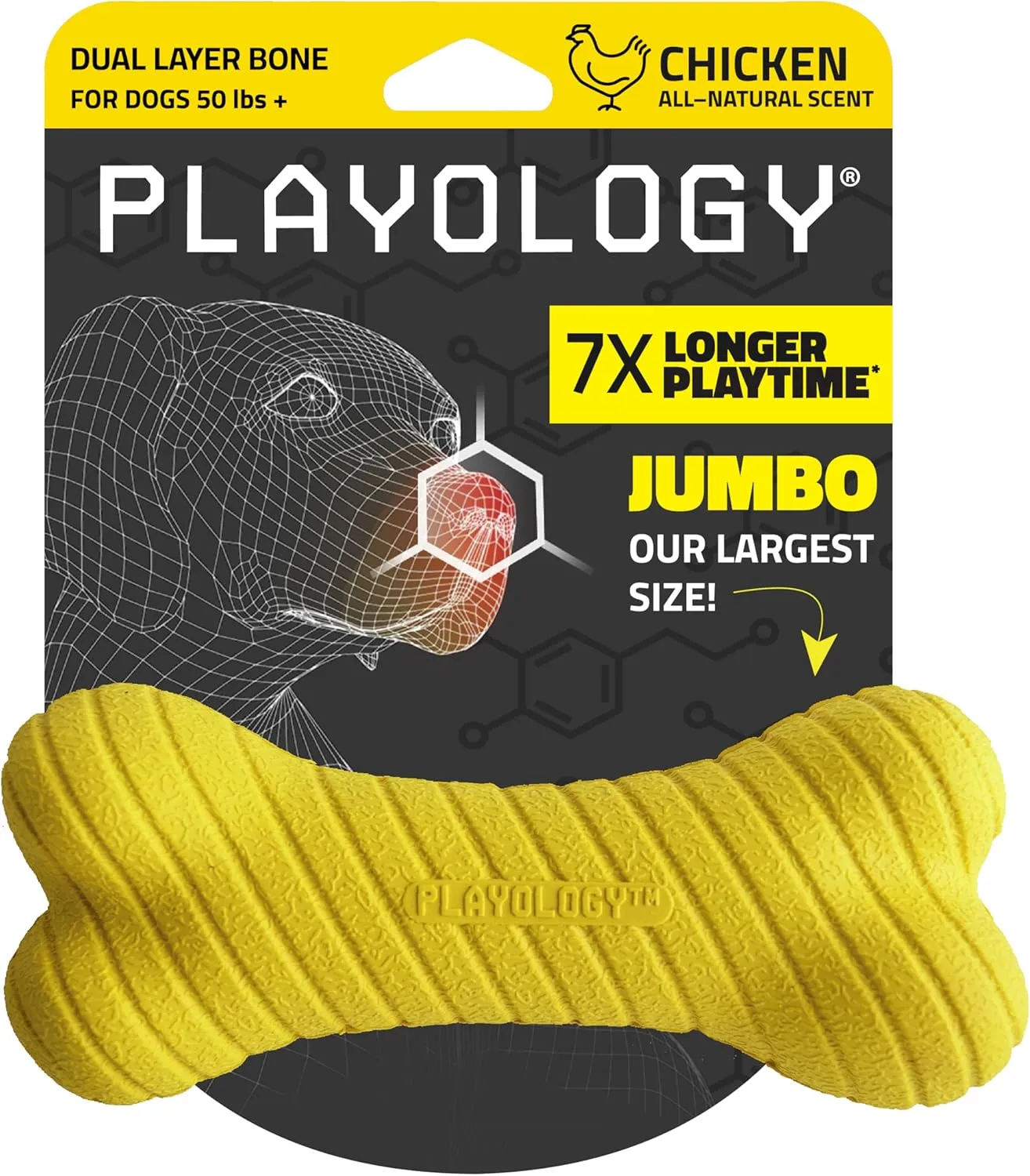 Playology Dual Layer Bone | Engaging All Natural Chicken Scented Dog Toy, Jumbo Size | Yellow Bone for Large to X-Large Dogs 50lbs & up | Interactive & Durable for Tough Chewers