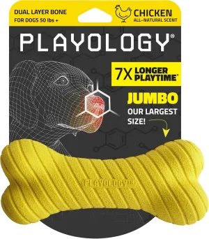 Playology Dual Layer Bone | Engaging All Natural Chicken Scented Dog Toy, Jumbo Size | Yellow Bone for Large to X-Large Dogs 50lbs & up | Interactive & Durable for Tough Chewers