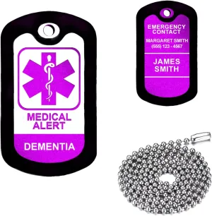 Purple Medical Alert - Dementia - Customized Aluminum Medical ID Tag with 24" Stainless Steel Necklace - Made in USA