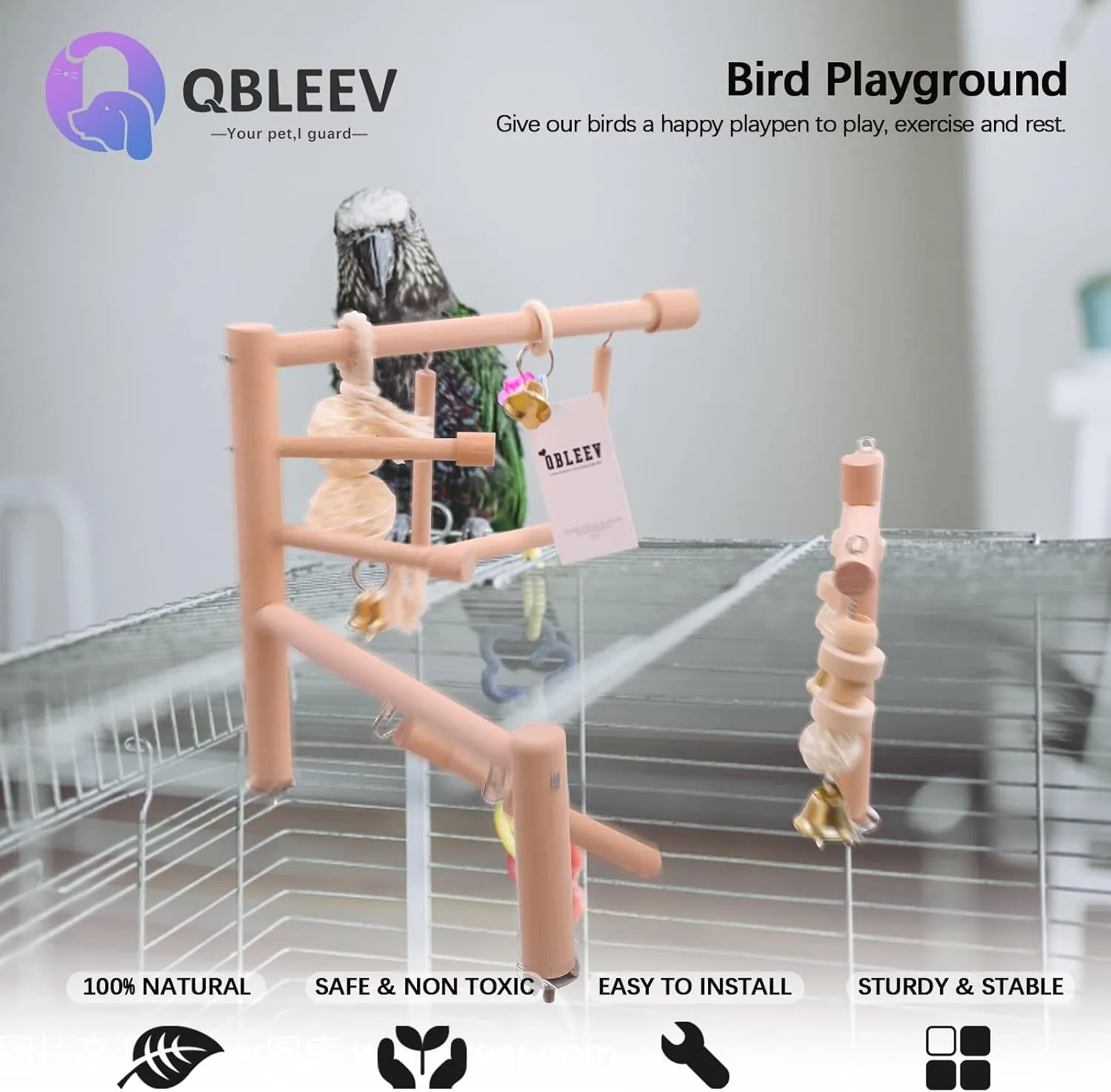 QBLEEV Bird Cage Play Stand Toy Set-Birdcage Wood Stands Hanging Chew Toys Ladder Swing Parrot Perch Play Gym Playground Accessories Activity Center for Conure, Parakeets, Budgie, Cockatiels,Lovebirds