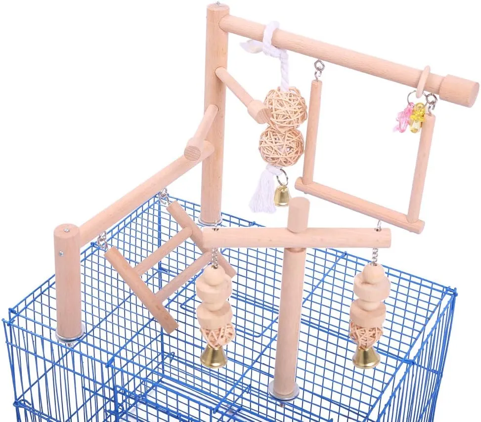 QBLEEV Bird Cage Play Stand Toy Set-Birdcage Wood Stands Hanging Chew Toys Ladder Swing Parrot Perch Play Gym Playground Accessories Activity Center for Conure, Parakeets, Budgie, Cockatiels,Lovebirds