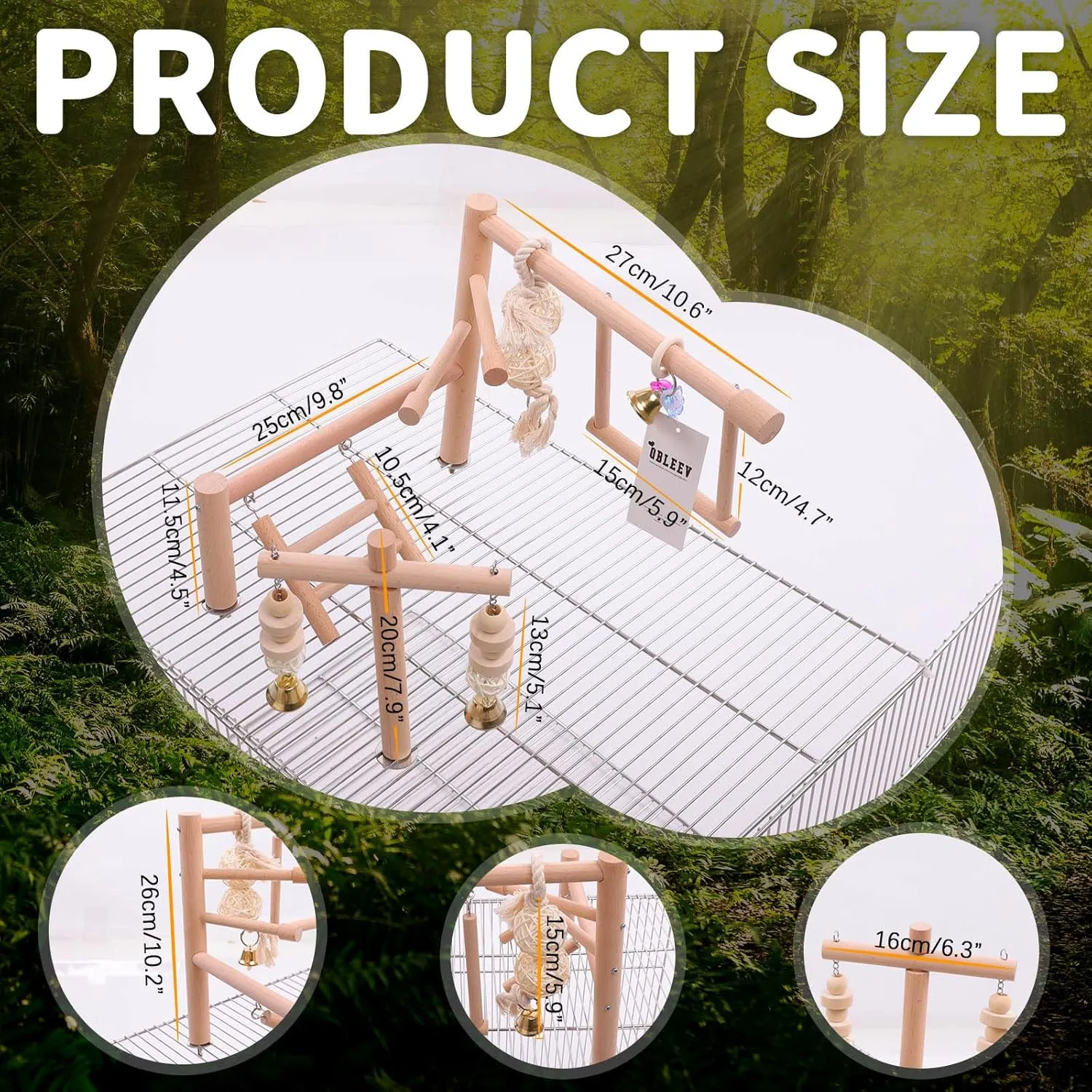 QBLEEV Bird Cage Play Stand Toy Set-Birdcage Wood Stands Hanging Chew Toys Ladder Swing Parrot Perch Play Gym Playground Accessories Activity Center for Conure, Parakeets, Budgie, Cockatiels,Lovebirds