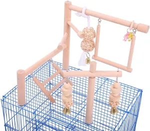 QBLEEV Bird Cage Play Stand Toy Set-Birdcage Wood Stands Hanging Chew Toys Ladder Swing Parrot Perch Play Gym Playground Accessories Activity Center for Conure, Parakeets, Budgie, Cockatiels,Lovebirds