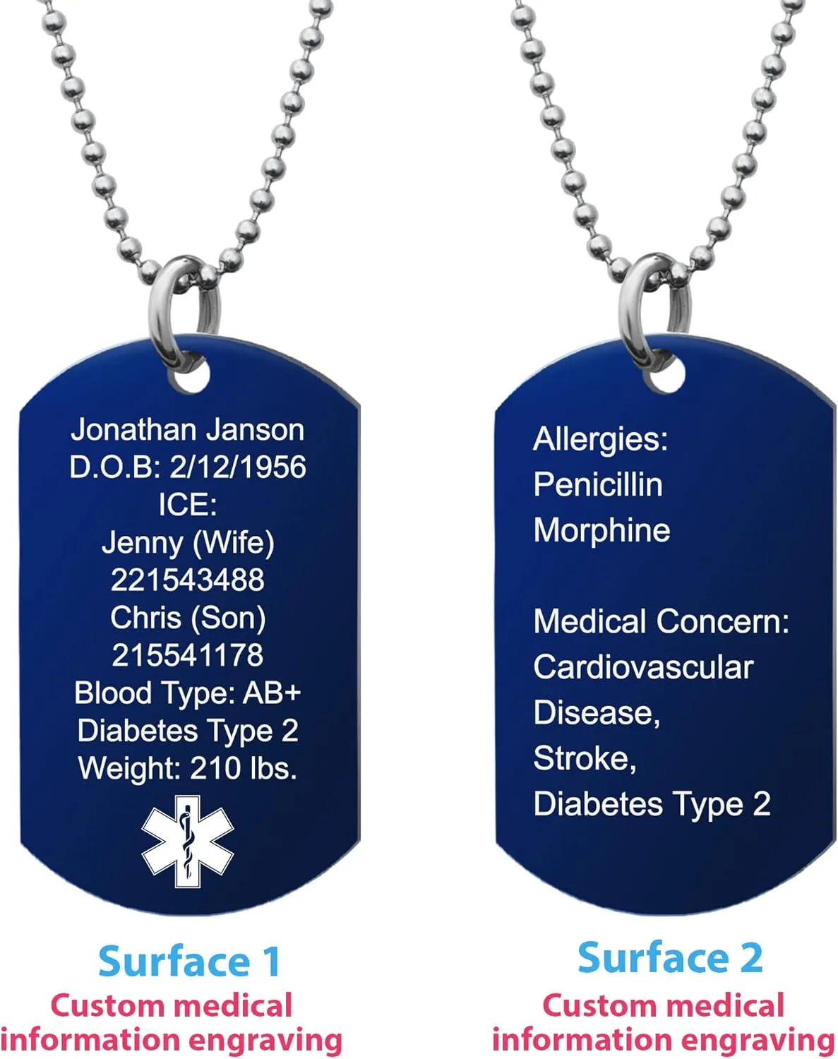 Qina C. Custom Engraved Medical Alert Necklace Stainless Steel ID Tag Emergency ICE Med Jewelry Pendant Personalized Men Women