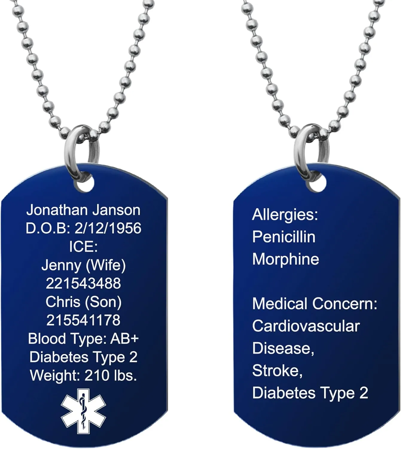 Qina C. Custom Engraved Medical Alert Necklace Stainless Steel ID Tag Emergency ICE Med Jewelry Pendant Personalized Men Women