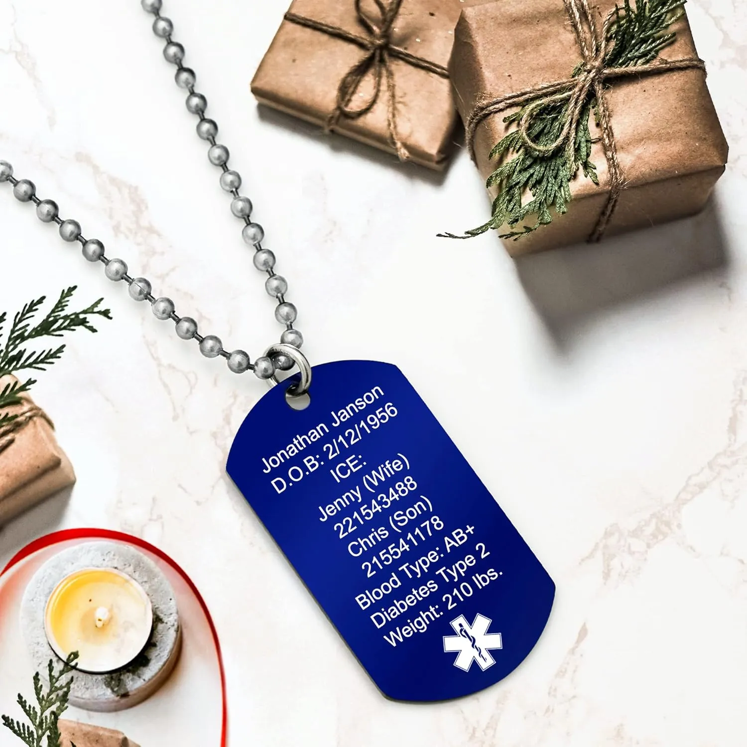 Qina C. Custom Engraved Medical Alert Necklace Stainless Steel ID Tag Emergency ICE Med Jewelry Pendant Personalized Men Women