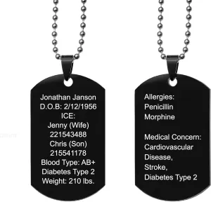 Qina C. Custom Medical Alert Necklace Stainless Steel Personalized Engraved ID Tag Emergency Med Jewelry ICE Pendant Women Men