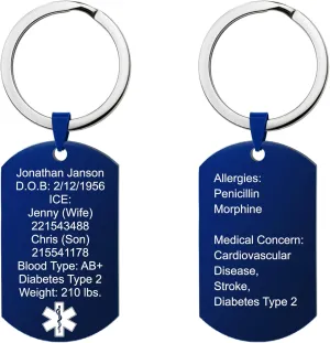 Qina C. Personalized Emergency Medical Alert ID Custom Engraved Military Dog Tag Pendant Keychain Men Women Allergy
