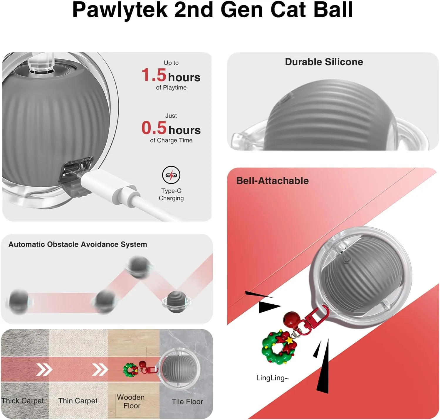 Smart Interactive Cat Toy Ball - Plush Smart Automatic Cat Toy with Light, Interactive Cat Toy for Indoor Cats, Cat Interactive Toy for Indoor Cats, USB Rechargeable, Auto On/Off(Grey)