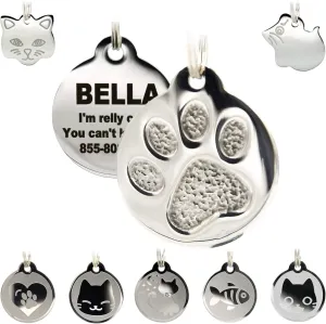 Stainless Steel Cat ID Tags - Engraved Personalized Cat Tags Includes up to 4 Lines of Text with Round Paw Shape