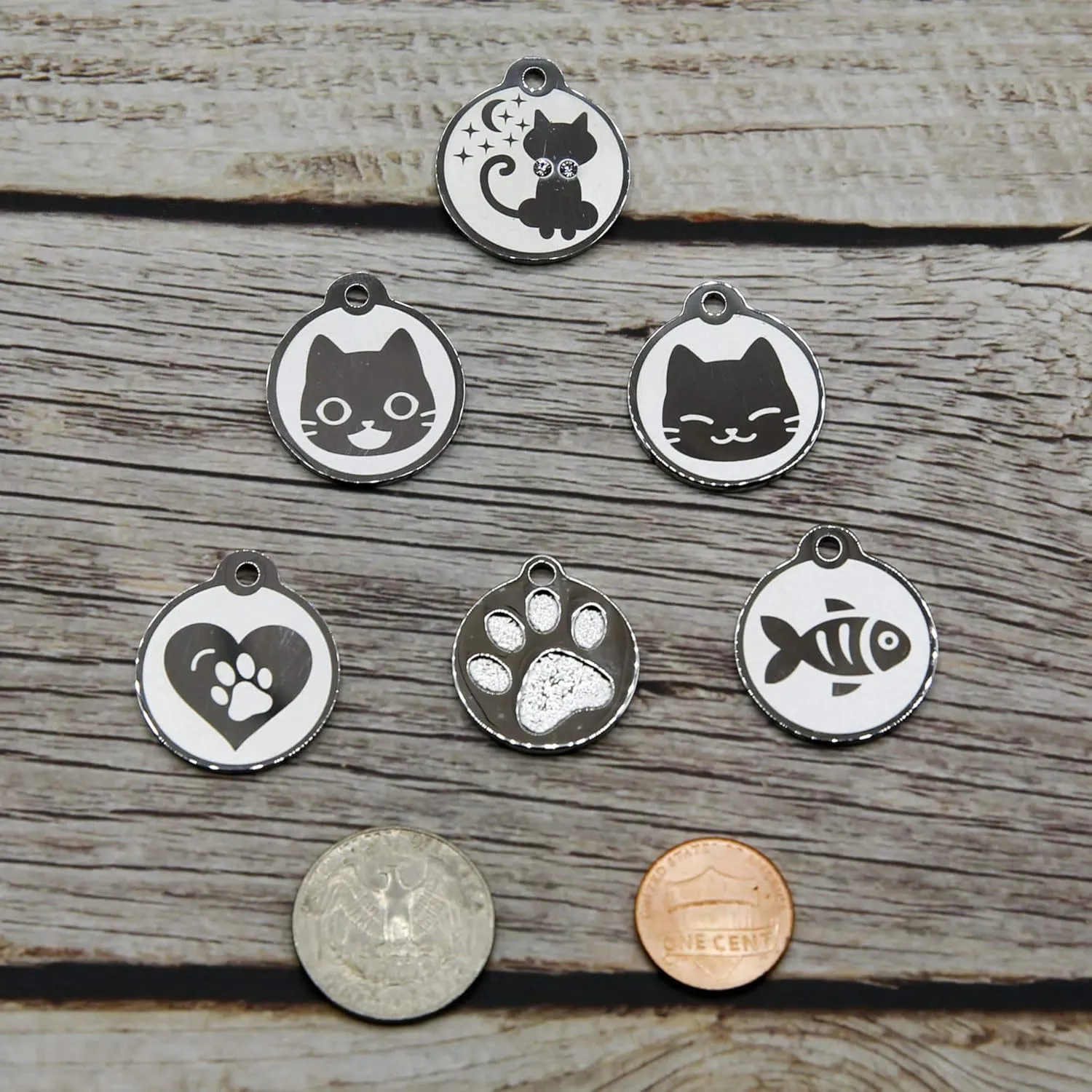 Stainless Steel Cat ID Tags - Engraved Personalized Cat Tags Includes up to 4 Lines of Text with Round Paw Shape
