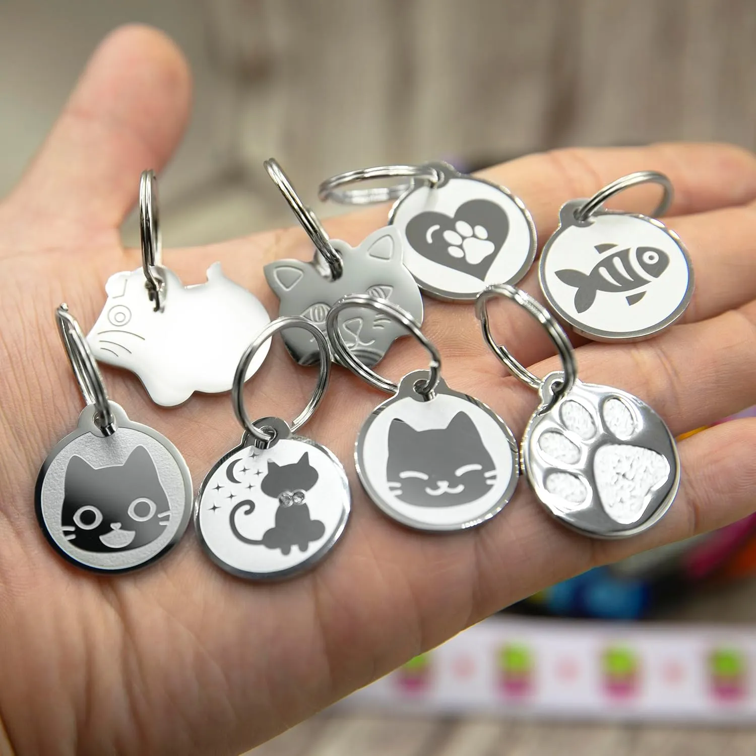 Stainless Steel Cat ID Tags - Engraved Personalized Cat Tags Includes up to 4 Lines of Text with Round Paw Shape