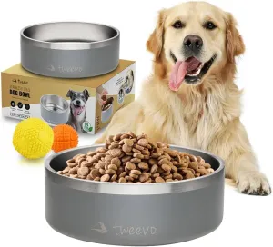 Stainless Steel Dog Bowl with 2 Rubber Balls, Durable Non-Slip Dog Bowl, Insulated Dog Food or Water Bowl for Pet Feeding (42 oz, Gray)