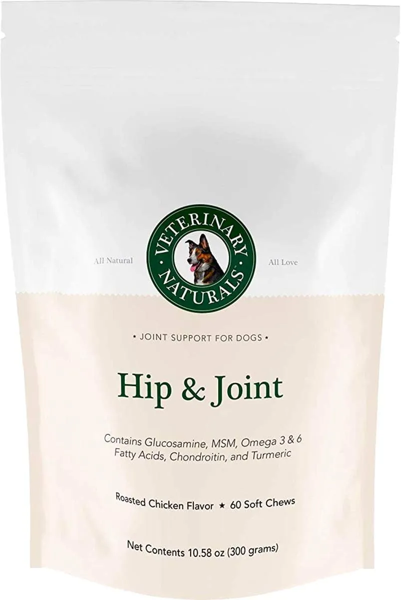Veterinary Naturals Hip & Joint Supplement for Dogs - 60 Soft Dog Chews for Hip & Joint Support - Dog Vitamins and Supplements with Glucosamine for Dogs & MSM - Grain-Free, Roasted Chicken Flavor