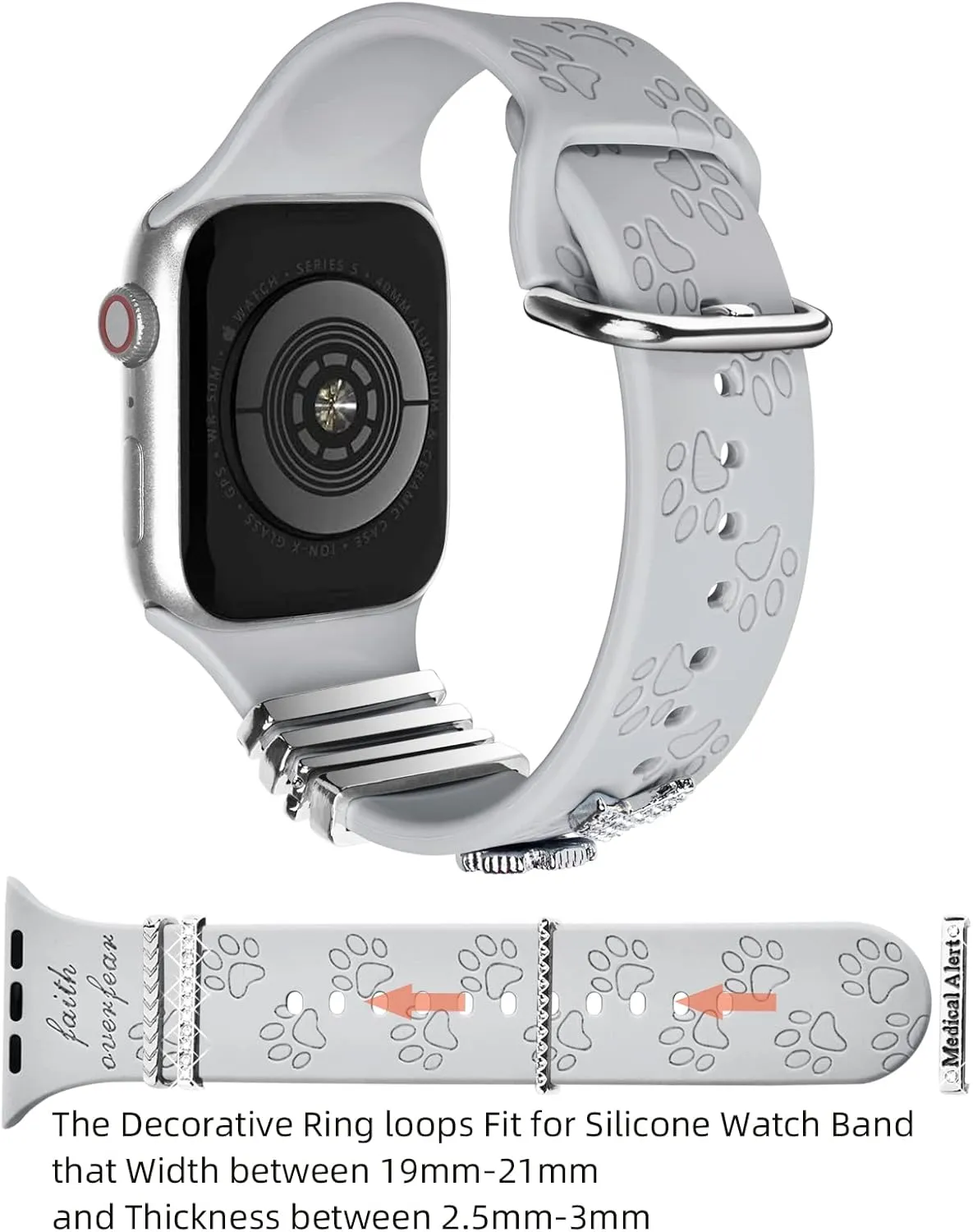 Watch Band Charms (Band Included), Compatible with Apple Watch Band 38mm 40mm 41mm 42mm 44mm 45mm 49mm Dog Paws Engraved Silicone Bands & Metal Decorative Ring Alert Charms Accessories