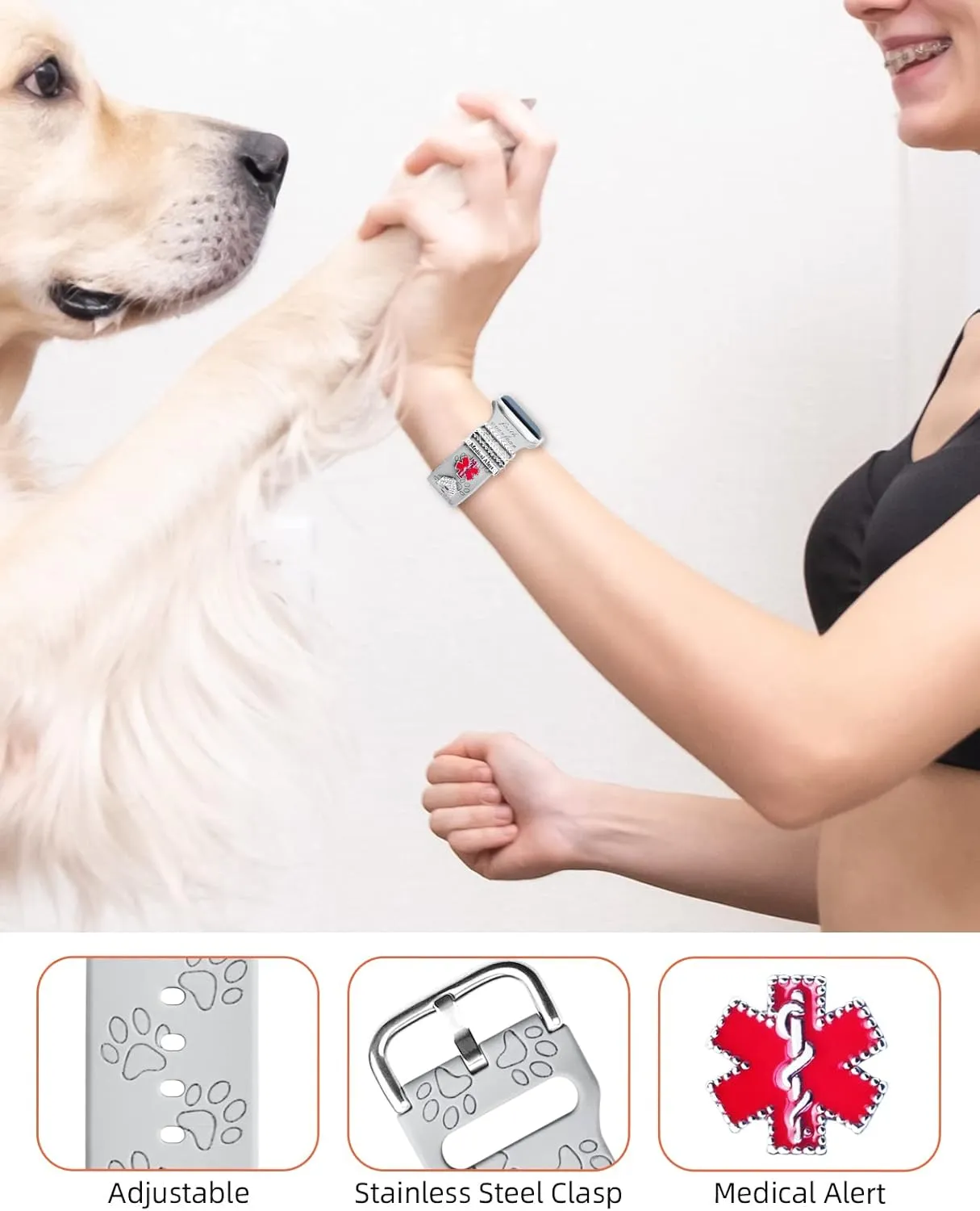 Watch Band Charms (Band Included), Compatible with Apple Watch Band 38mm 40mm 41mm 42mm 44mm 45mm 49mm Dog Paws Engraved Silicone Bands & Metal Decorative Ring Alert Charms Accessories