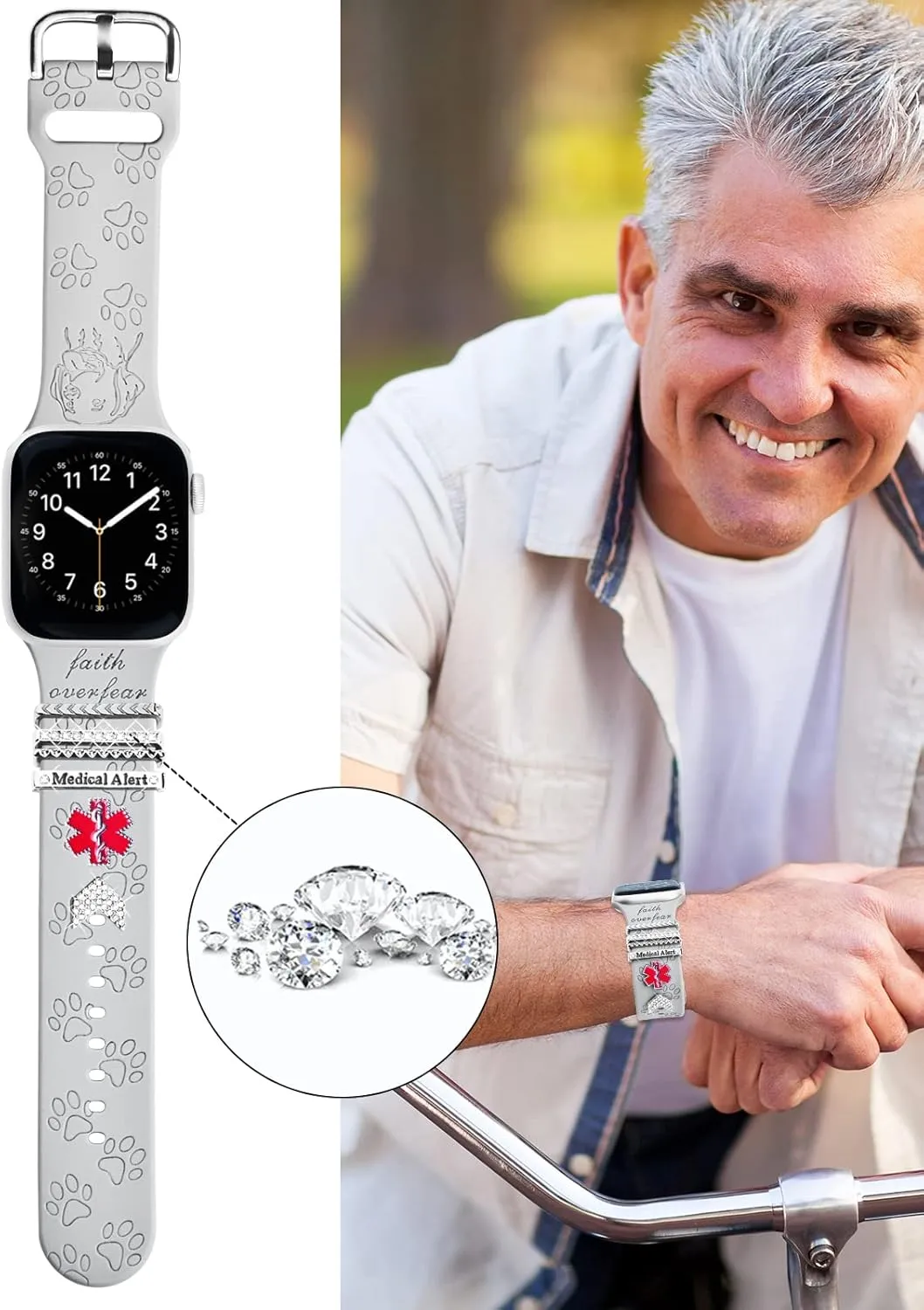 Watch Band Charms (Band Included), Compatible with Apple Watch Band 38mm 40mm 41mm 42mm 44mm 45mm 49mm Dog Paws Engraved Silicone Bands & Metal Decorative Ring Alert Charms Accessories