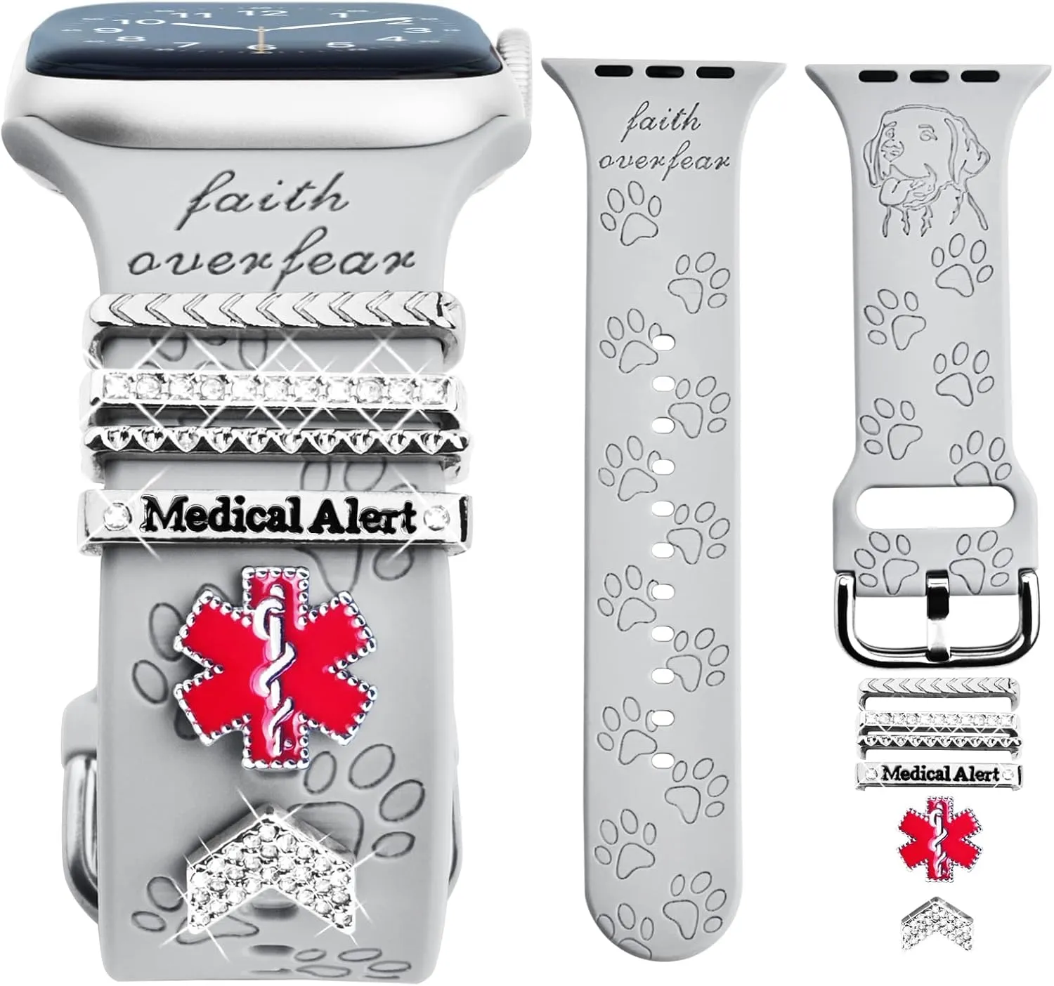 Watch Band Charms (Band Included), Compatible with Apple Watch Band 38mm 40mm 41mm 42mm 44mm 45mm 49mm Dog Paws Engraved Silicone Bands & Metal Decorative Ring Alert Charms Accessories
