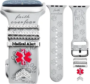 Watch Band Charms (Band Included), Compatible with Apple Watch Band 38mm 40mm 41mm 42mm 44mm 45mm 49mm Dog Paws Engraved Silicone Bands & Metal Decorative Ring Alert Charms Accessories