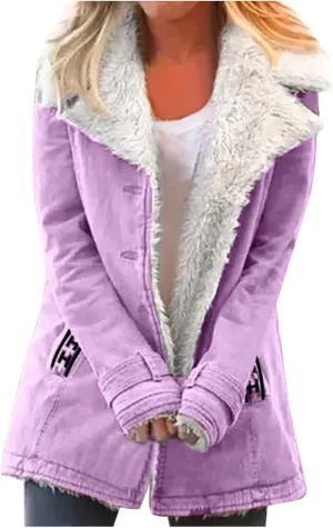 Womens Fleece Lined Jacket, Plus Size Winter Warm Parka Coat Trendy Lapel Button Down Furry Outerwear