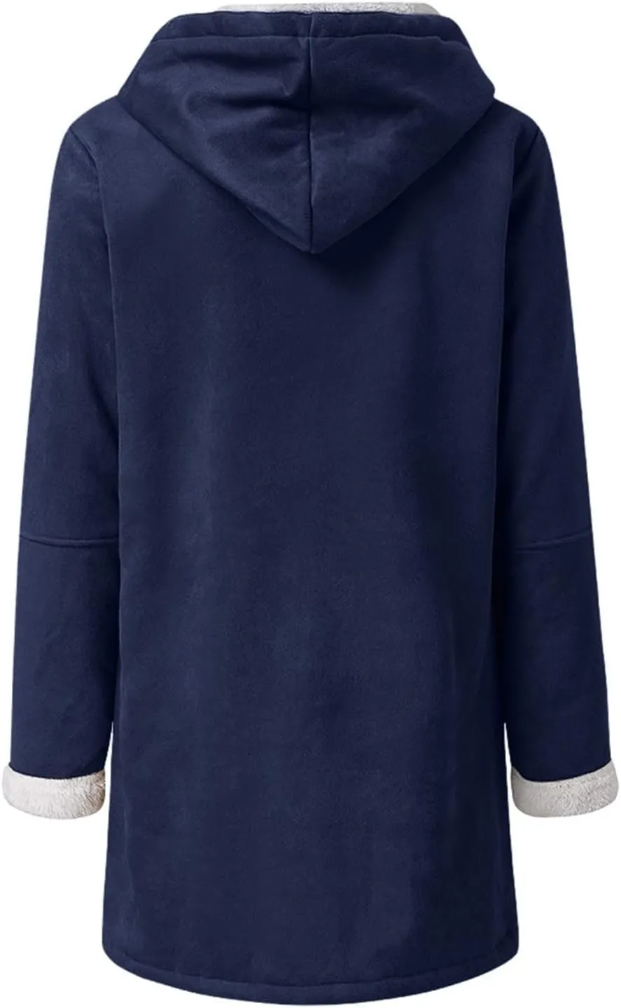 Womens Fleece Lined Jacket, Plus Size Winter Warm Parka Coat Trendy Lapel Button Down Furry Outerwear