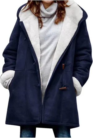 Womens Fleece Lined Jacket, Plus Size Winter Warm Parka Coat Trendy Lapel Button Down Furry Outerwear