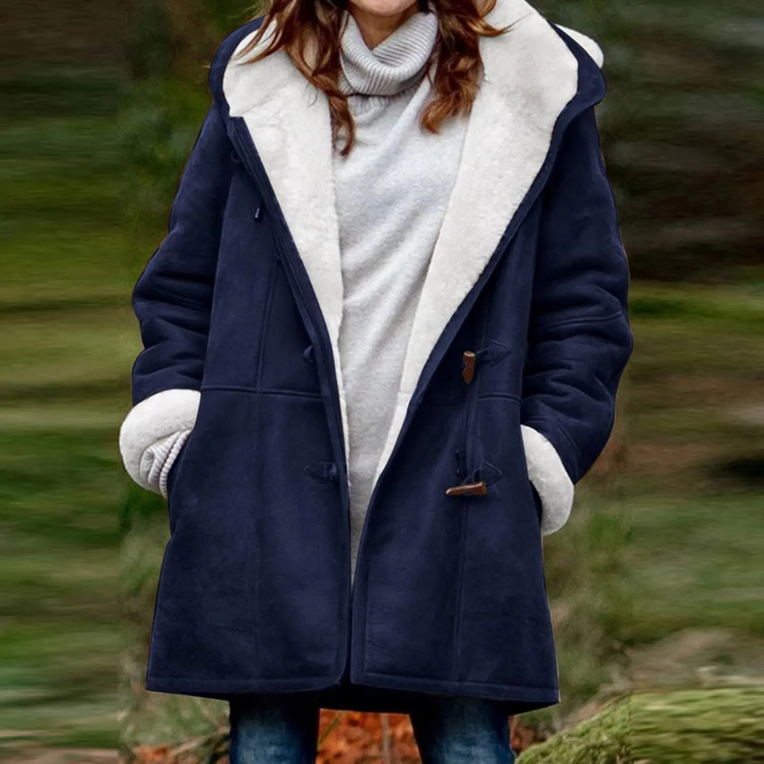 Womens Fleece Lined Jacket, Plus Size Winter Warm Parka Coat Trendy Lapel Button Down Furry Outerwear